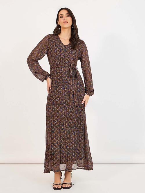 women brown floral long sleeve wrap dress - 21643764 - Standard Image - 0