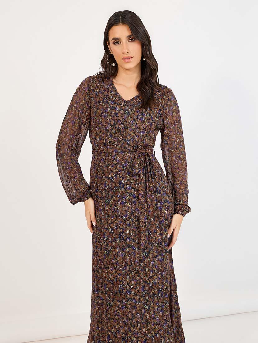 women brown floral long sleeve wrap dress - 21643764 - Standard Image - 3