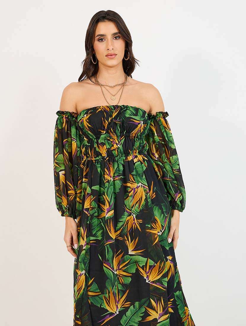 women black printed off shoulder neck a-line dress - 21643768 -  Standard Image - 3