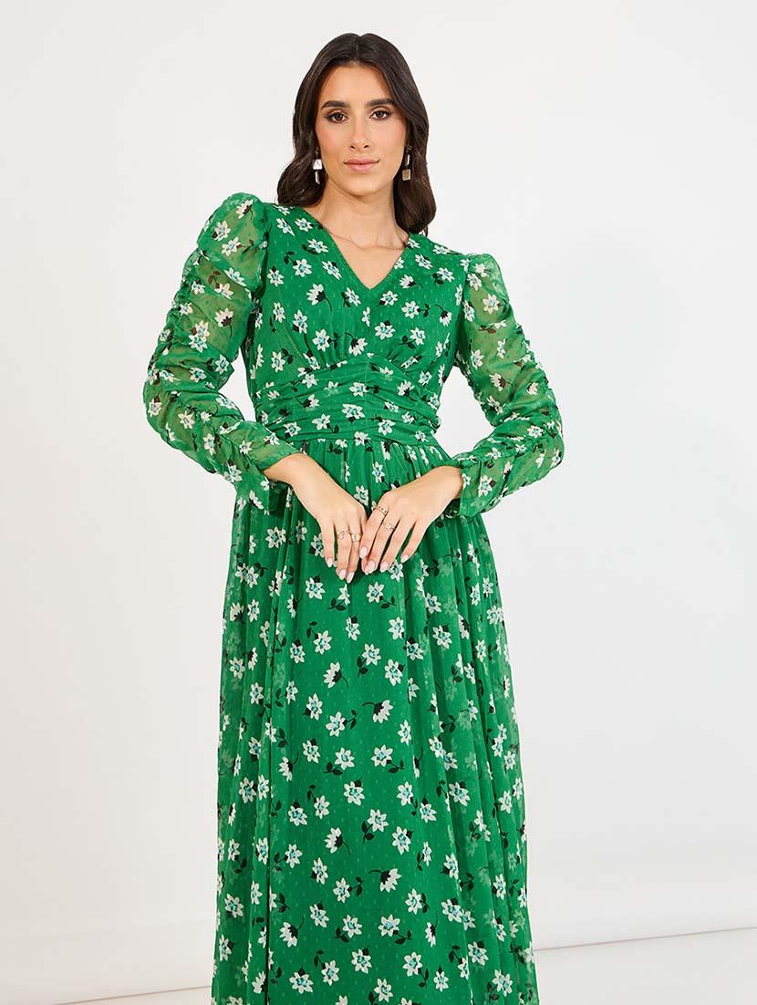 women green florals long sleeve fit & flare dress - 21643772 - Standard Image - 3