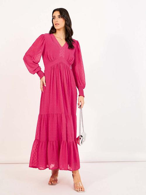 women pink solid long sleeve tiered dress - 21643773 - Standard Image - 0