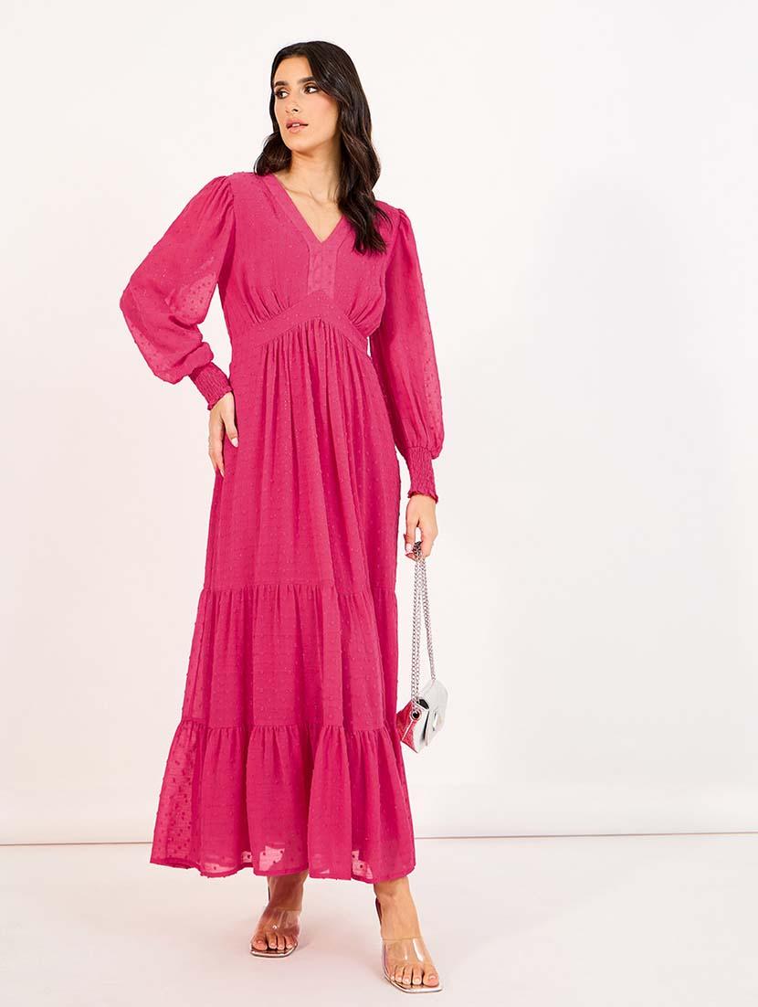 women pink solid long sleeve tiered dress - 21643773 - Zoom Image - 0
