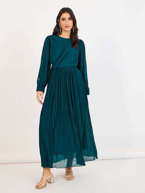 women teal solid long sleeve fit & flare dress - 21643779 -  Standard Image - 0