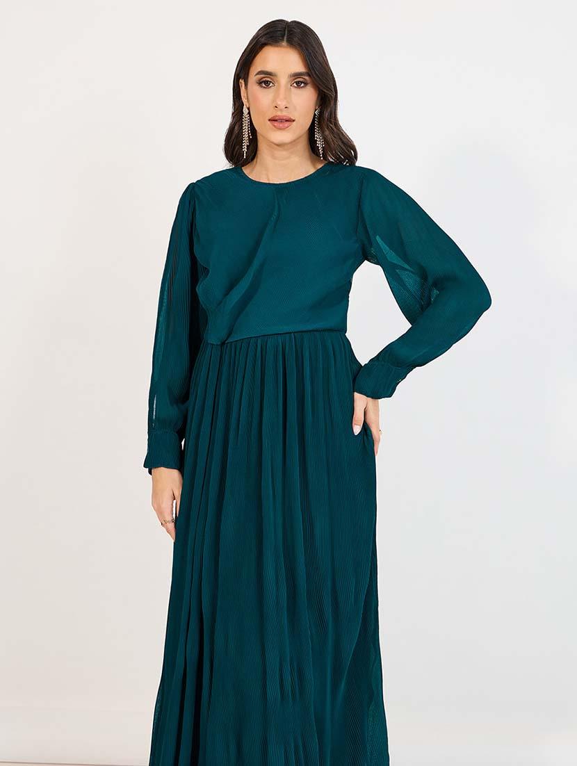 women teal solid long sleeve fit & flare dress - 21643779 - Standard Image - 3