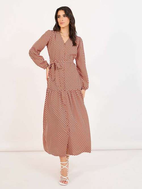 women striped puff sleeves tiered dress - 21643791 -  Standard Image - 0