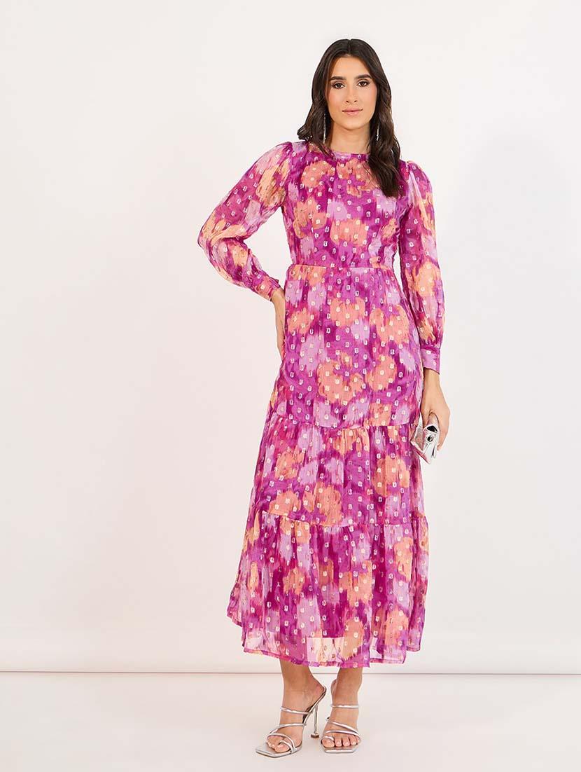 women printed puff sleeves tiered dress - 21643796 - Zoom Image - 0