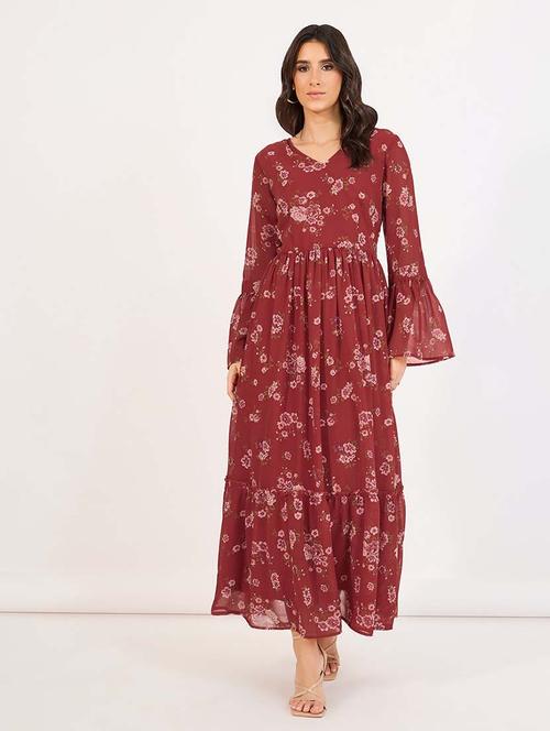 women printed bell sleeves tiered dress - 21643797 -  Standard Image - 0