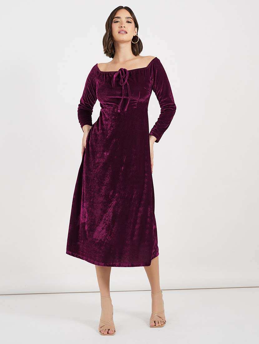 women solid long sleeves a-line dress
