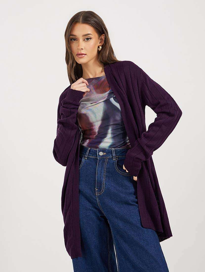 women solid long sleeves long shrug