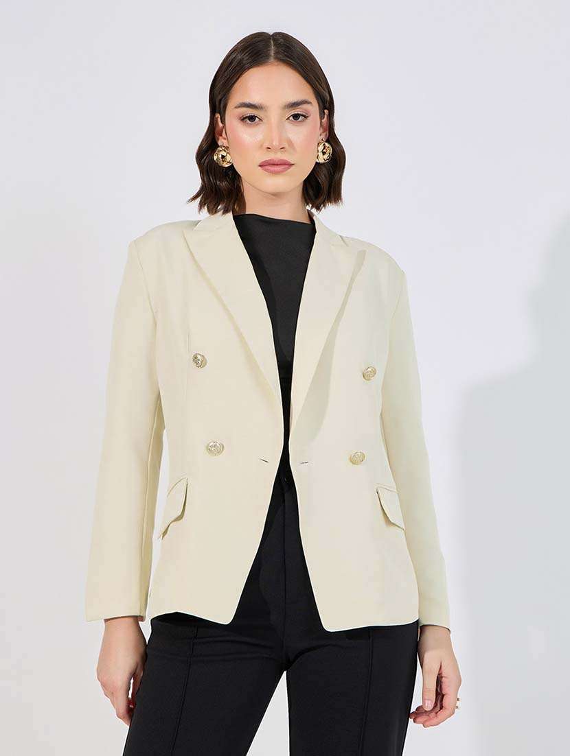 women solid double breasted casual blazer