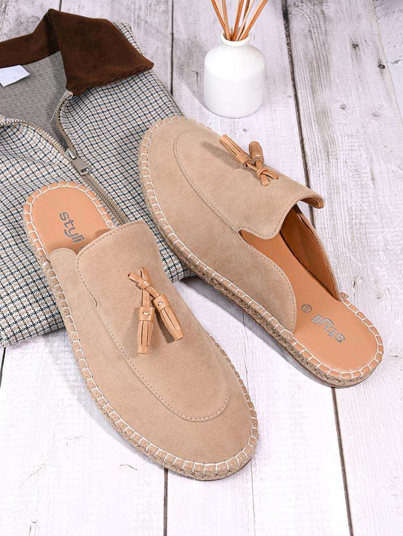 men solid beige slip on mule