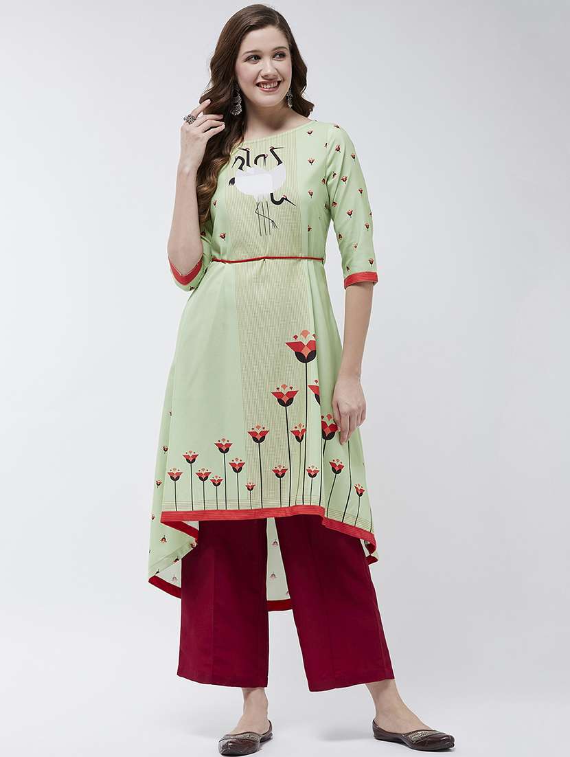 women printed three quarter sleeve a-line kurta