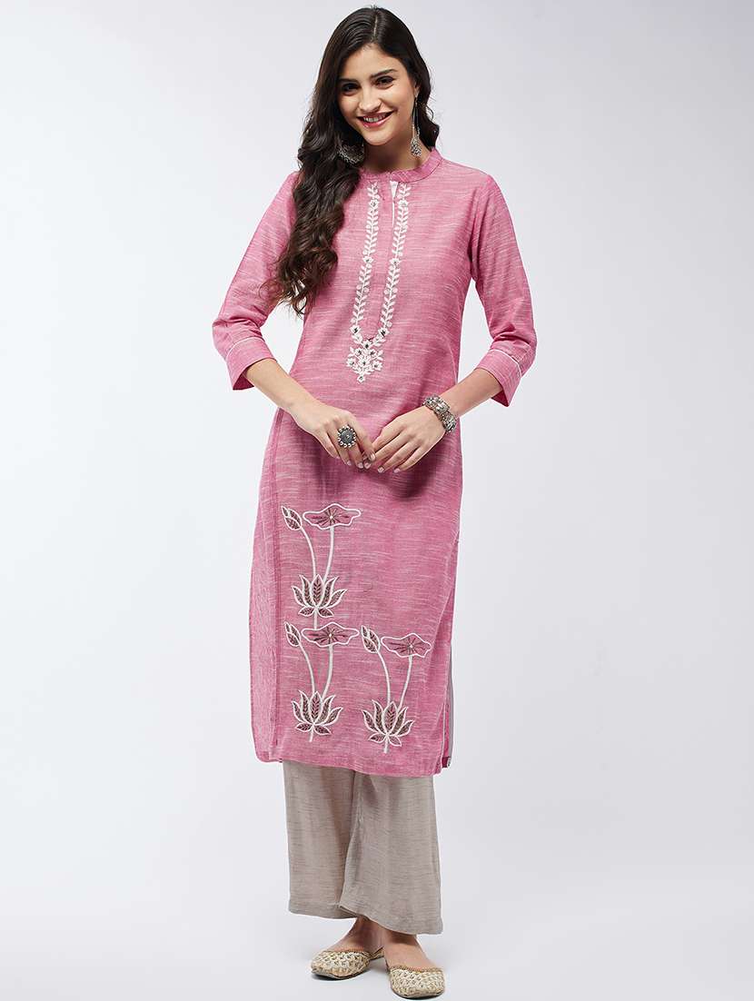 women embroidered three quarter sleeve straight kurta