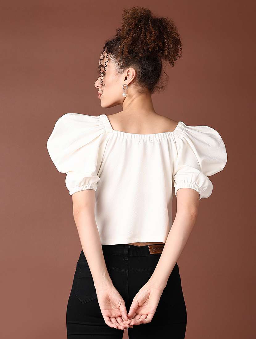 women solid puff sleeve crop top - 21644137 -  Standard Image - 3