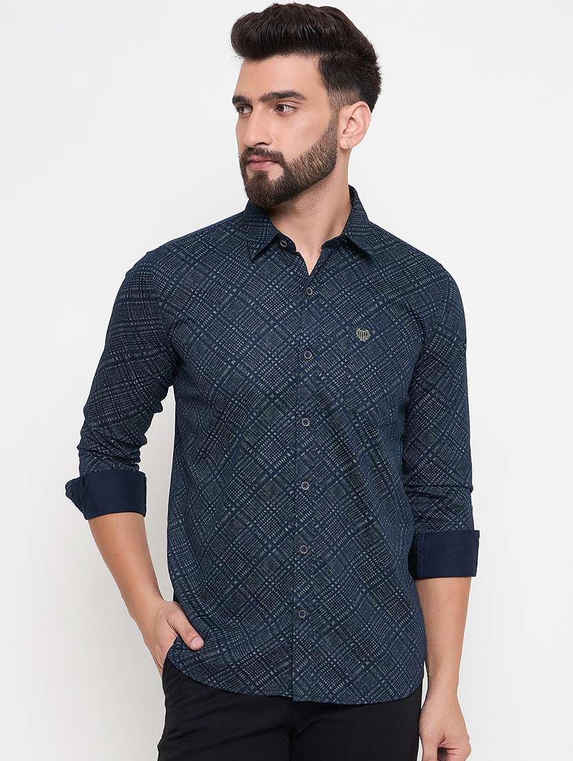 men slim fit printed long sleeve casual shirt