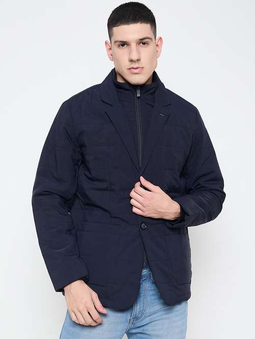 men blue solid long sleeves quilted jacket - 21644381 - Standard Image - 0