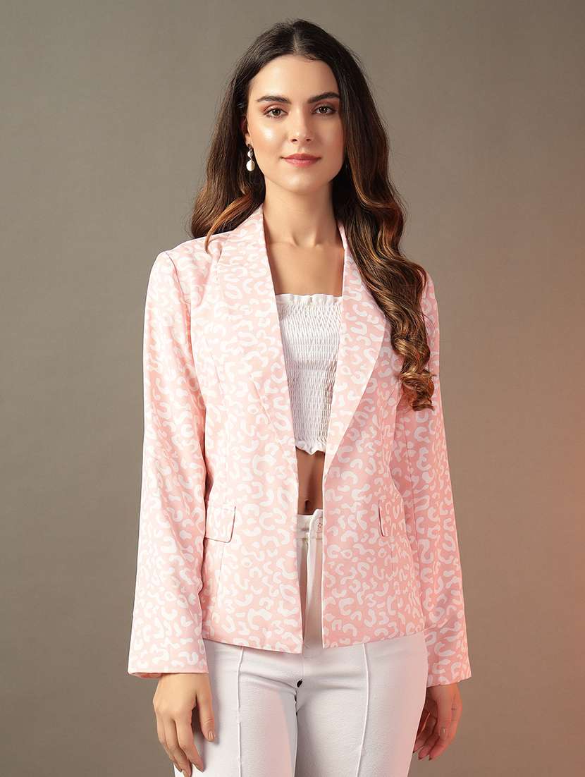 women peach printed long sleeve blazer