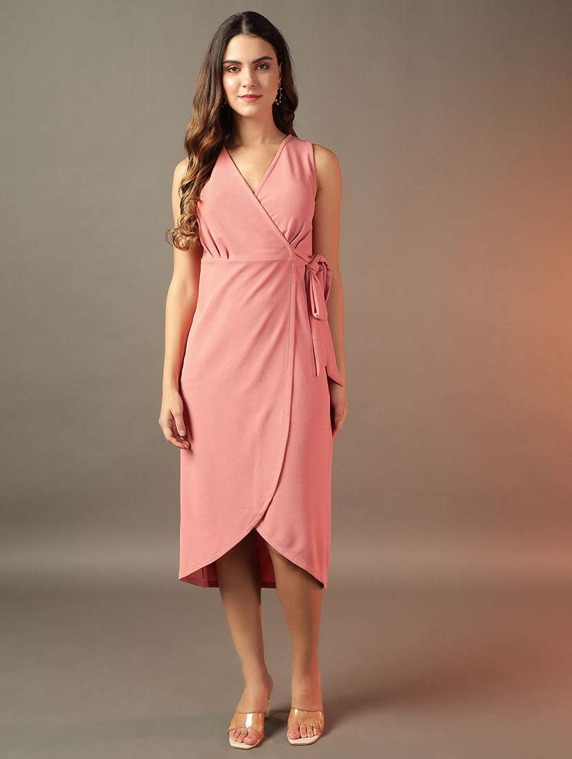 women solid sleeveless wrap dress
