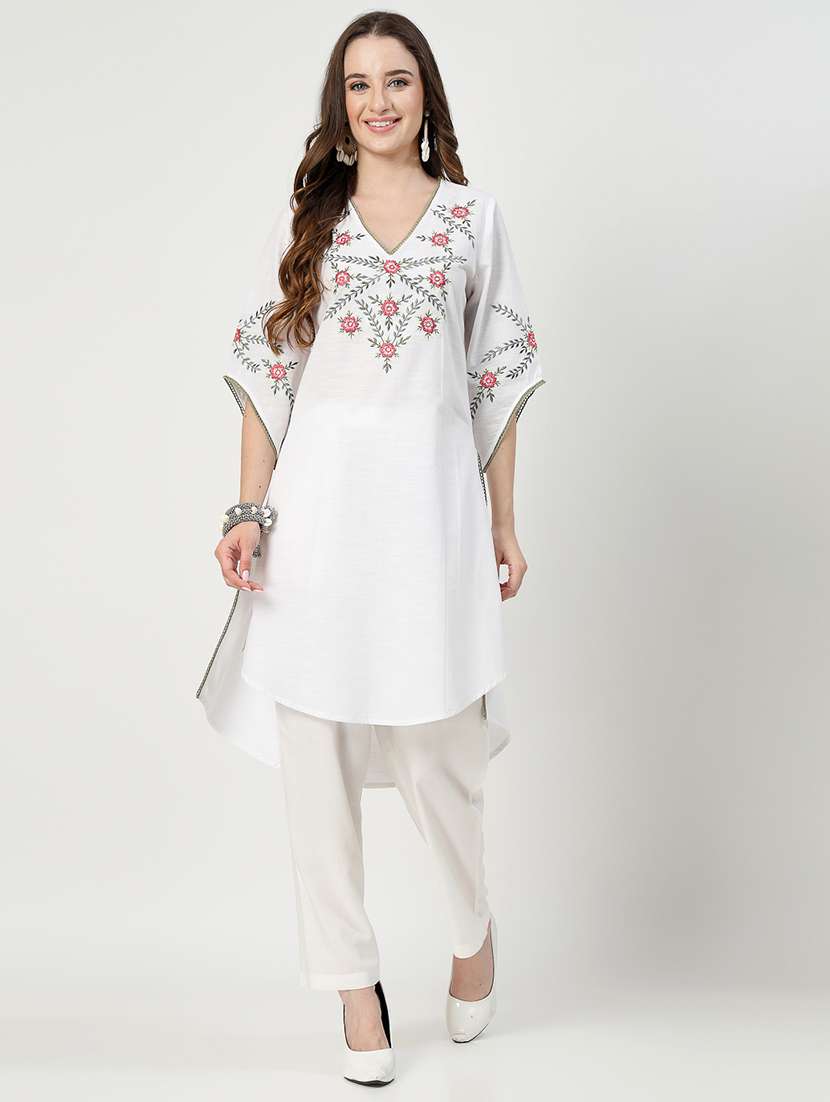 women white embroidered kurta pant set