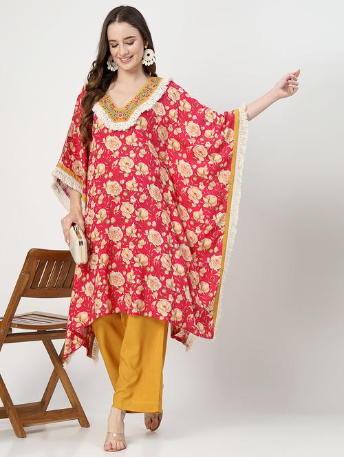 women red floral printed v neck kaftan set - 21644426 -  Standard Image - 0