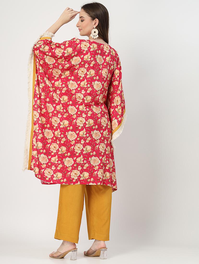 women red floral printed v neck kaftan set - 21644426 - Standard Image - 3