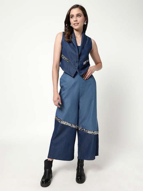 women blue denim top and trouser co-ord set - 21644477 -  Standard Image - 0