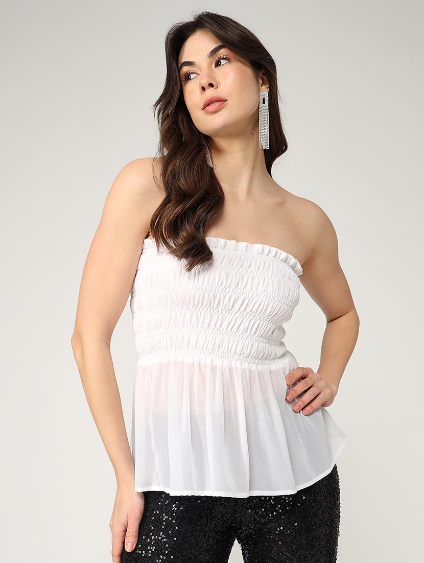 women solid smocked detailed tube peplum top