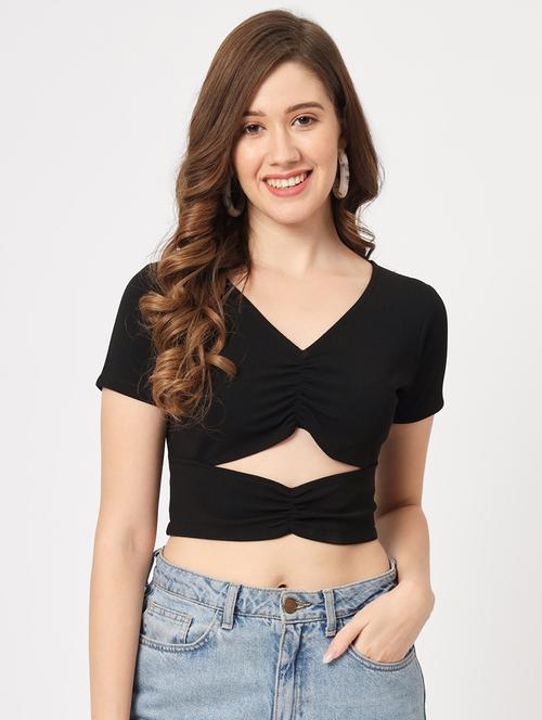 women solid short sleeves crop top - 21644550 - Standard Image - 0