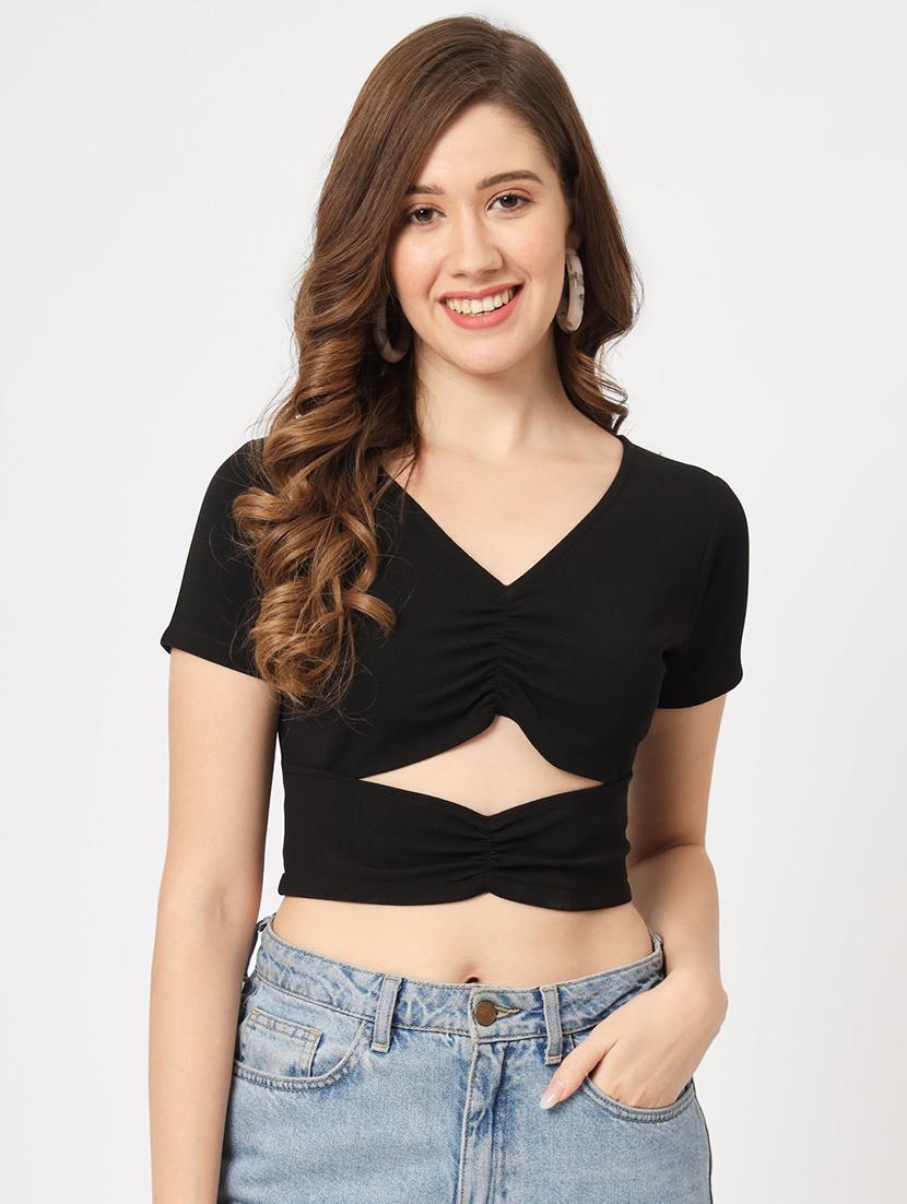 women solid short sleeves crop top - 21644550 - Zoom Image - 0