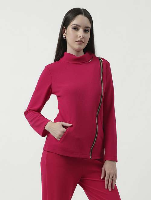 women solid high neck long sleeves regular jacket - 21644593 -  Standard Image - 0