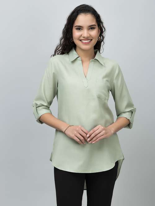 women solid long sleeve side slit tunic - 21644625 -  Standard Image - 0