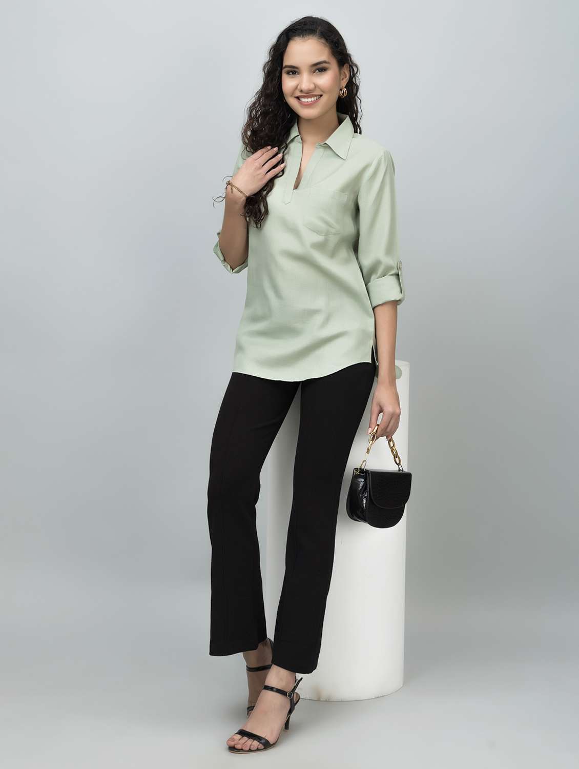 women solid long sleeve side slit tunic - 21644625 -  Standard Image - 5