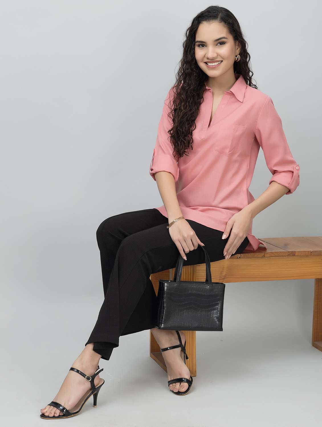 women solid shirt collar tunic - 21644626 -  Standard Image - 5