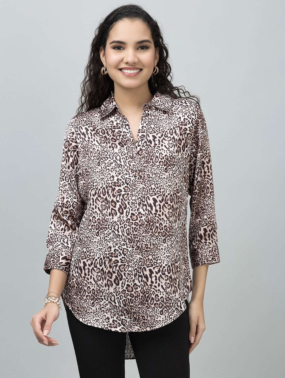 women animal print long sleeve side slit tunic