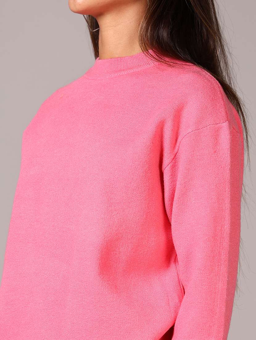 women pink solid crew neck long sleeve pullover - 21645249 - Standard Image - 3