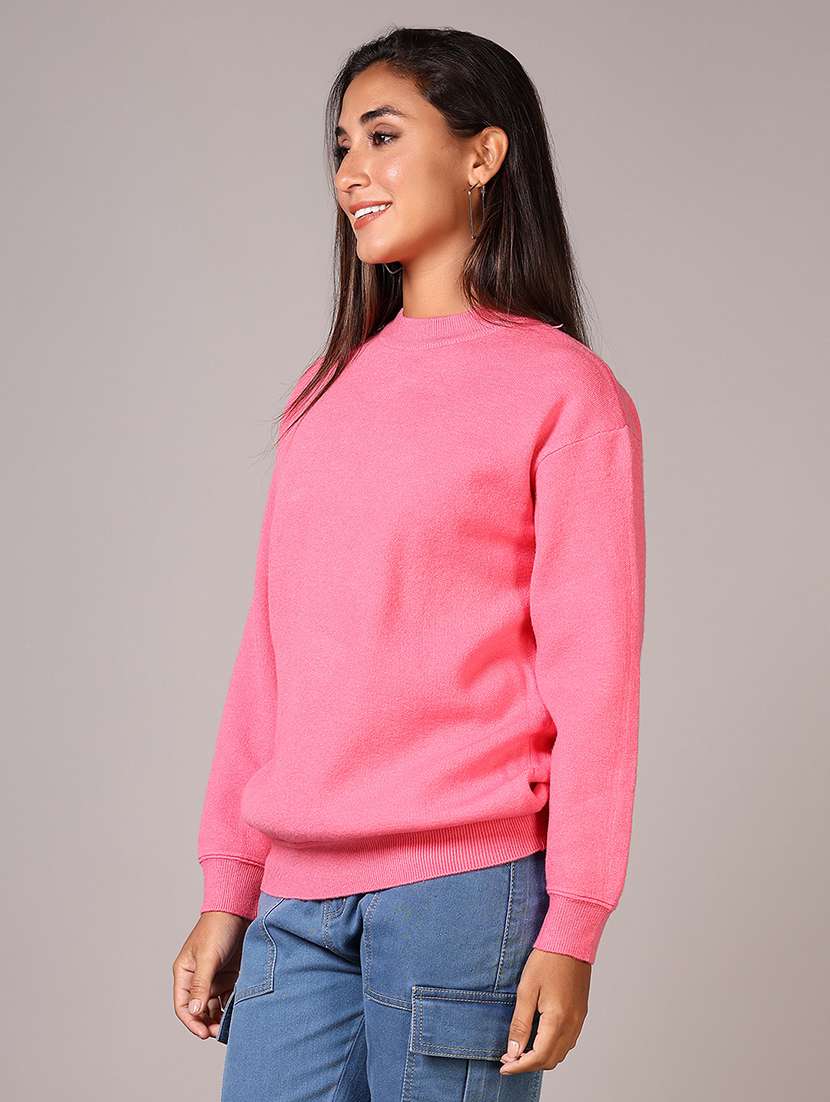 women pink solid crew neck long sleeve pullover - 21645249 - Standard Image - 5