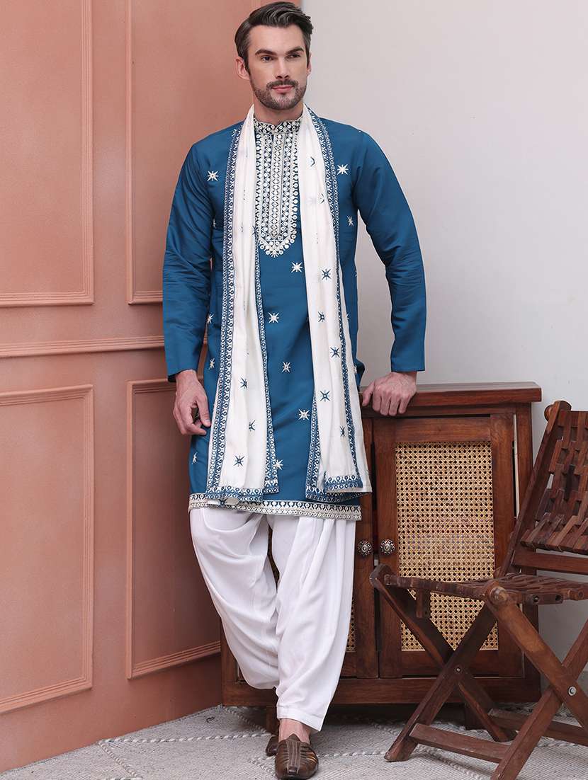 men embroidered kurta pyjama ethnic wear set