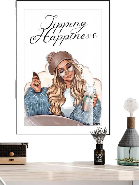 luxury chic girl sipping happiness wall painting - 21645375 - Standard Image - 3