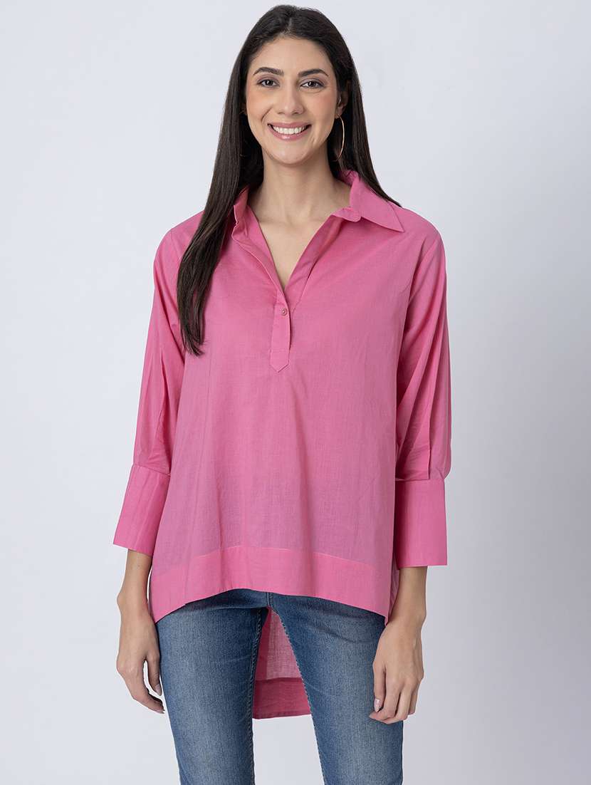 women solid long sleeves high-low shirt