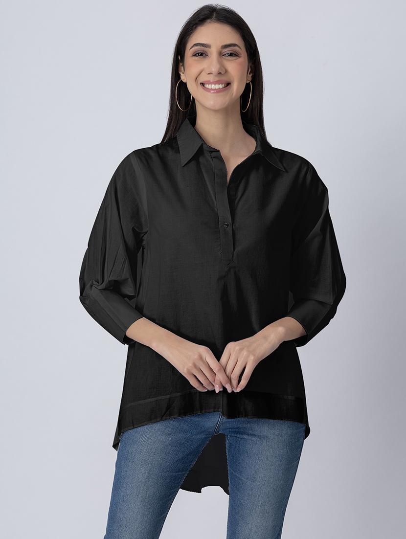 women solid long sleeves high-low shirt