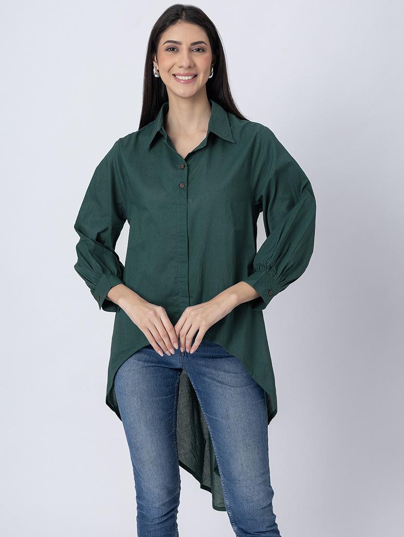 women solid long sleeves high-low shirt - 21645552 - Zoom Image - 0