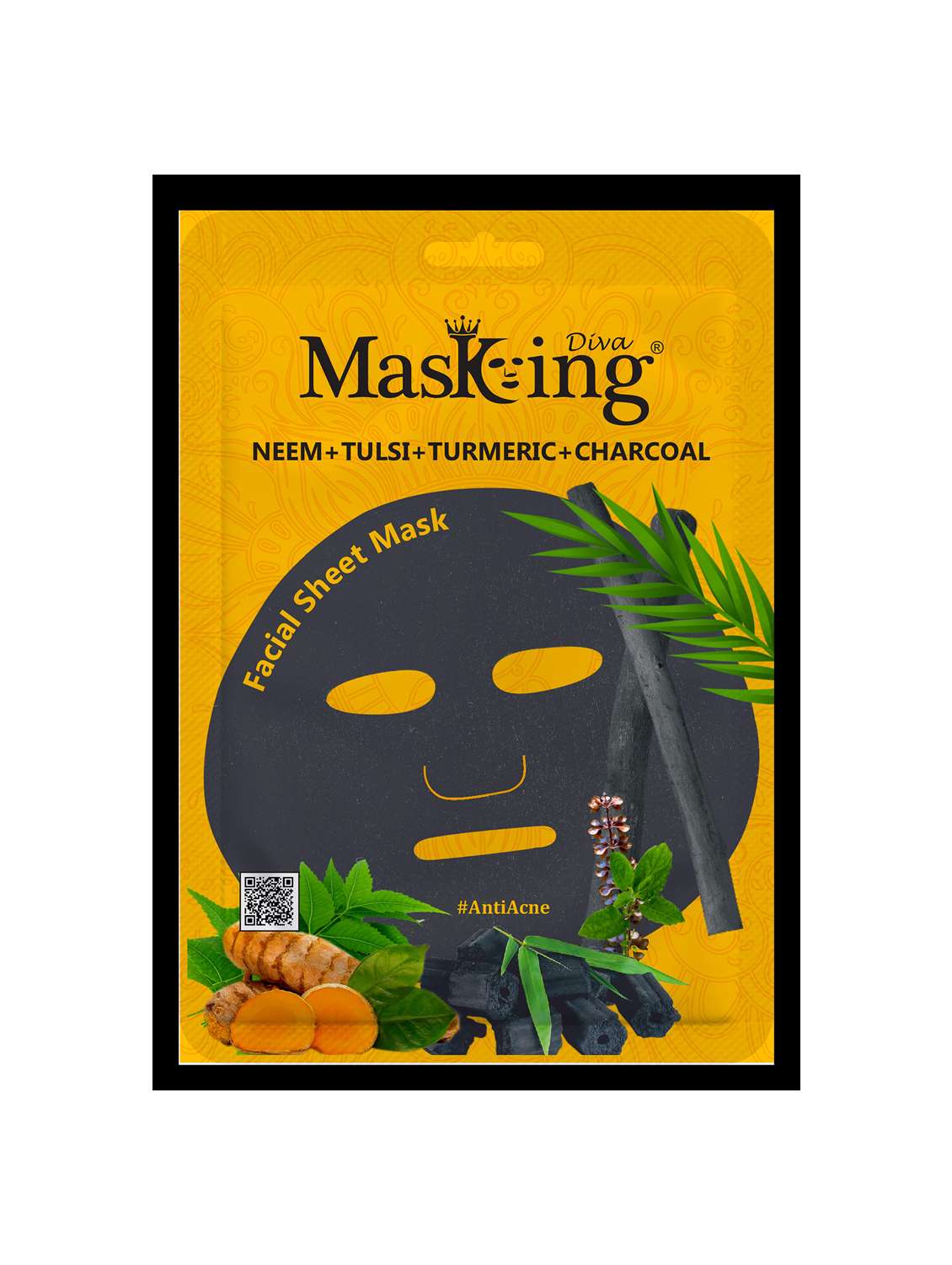 masking diva facial sheet mask of neem, tulsi, turmeric and charcoal extract for anti acne for women & men, 25ml (pack of 1)