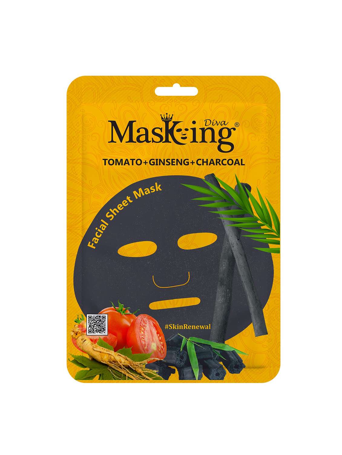 masking diva facial sheet mask of tomato, ginseng and charcoal extract for skin renewal for women & men, 25ml (pack of 1) - 21645555 - Zoom Image - 0