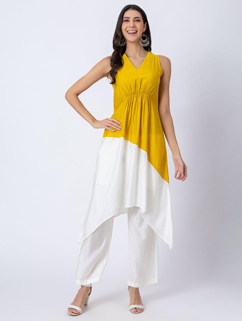 women color block v neck asymmetric kurta - 21645815 -  Zoom Image - 0