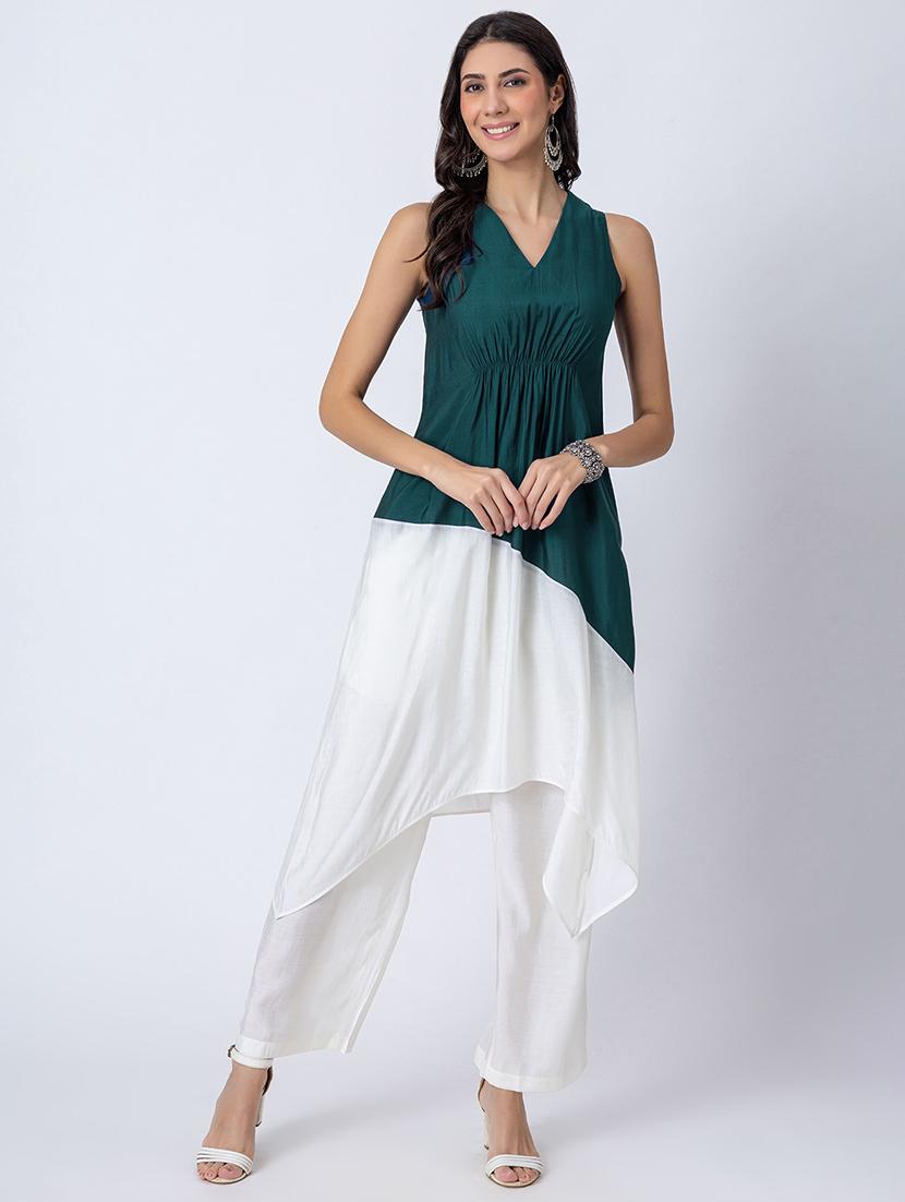 women color block v neck asymmetric kurta