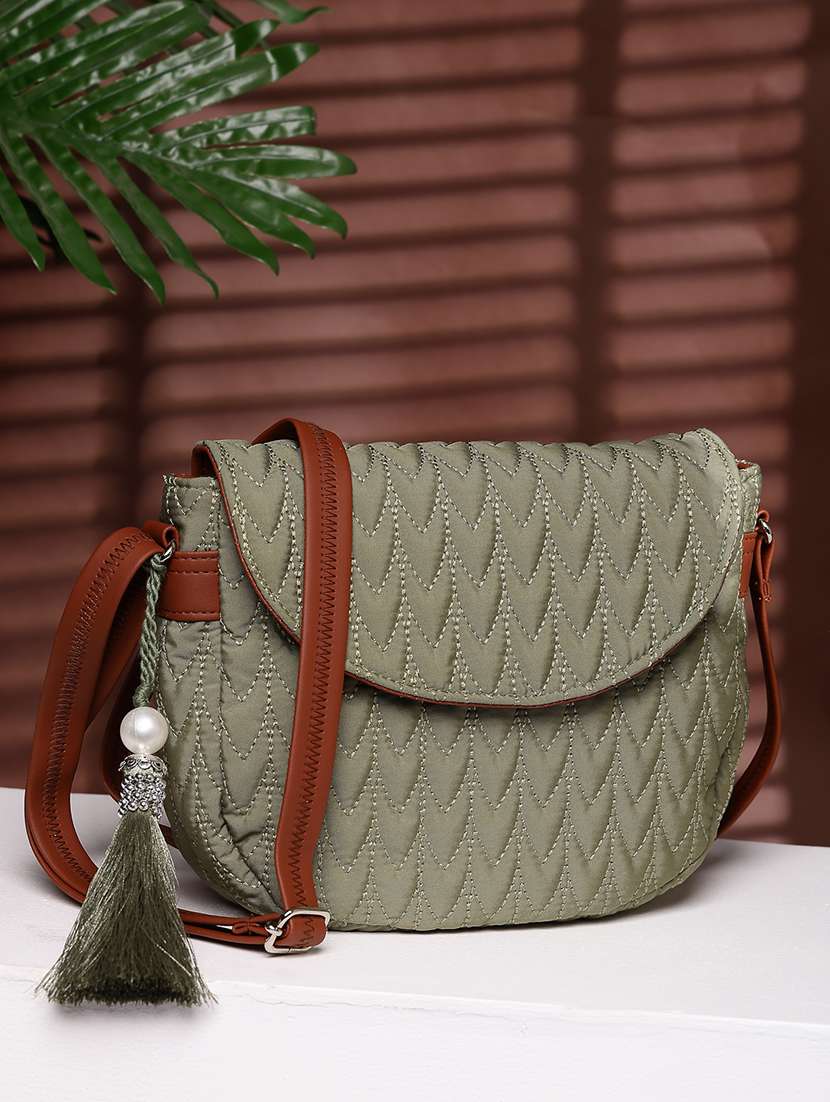 women green quilted chevron pattern sling bag