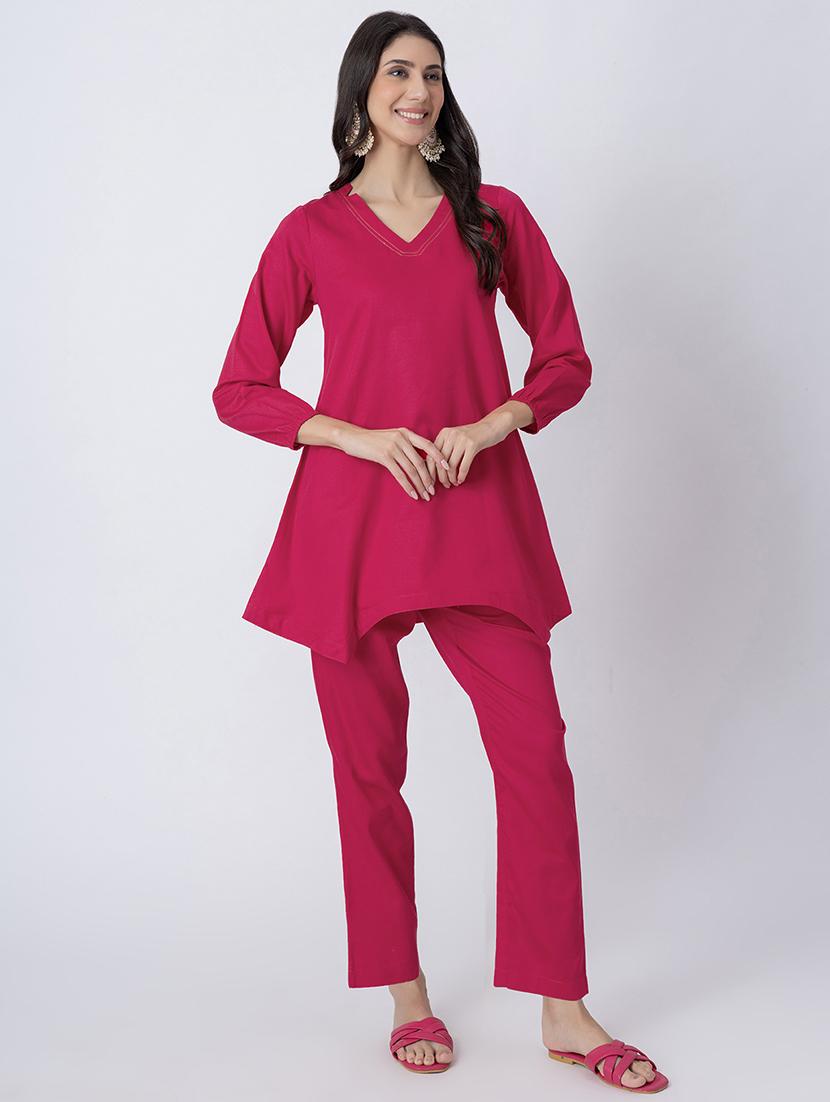 women pink solid v neck a-line kurti - 21645833 - Zoom Image - 0