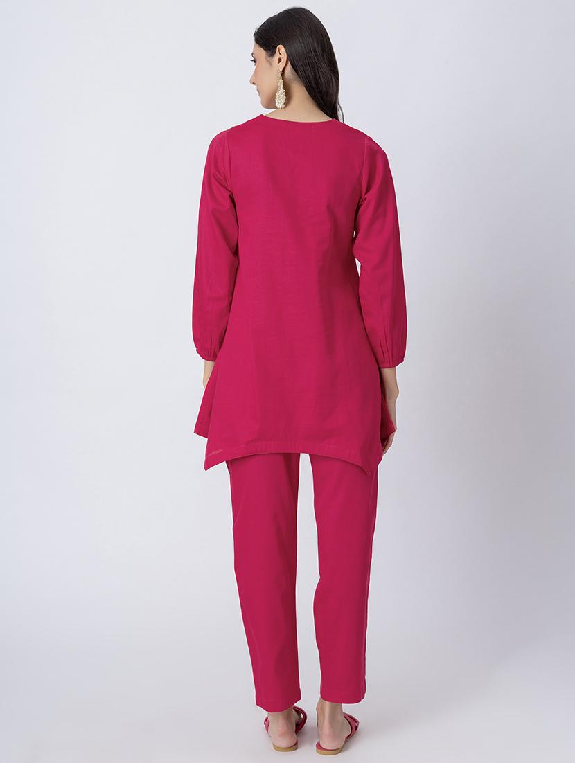 women pink solid v neck a-line kurti - 21645833 - Standard Image - 3