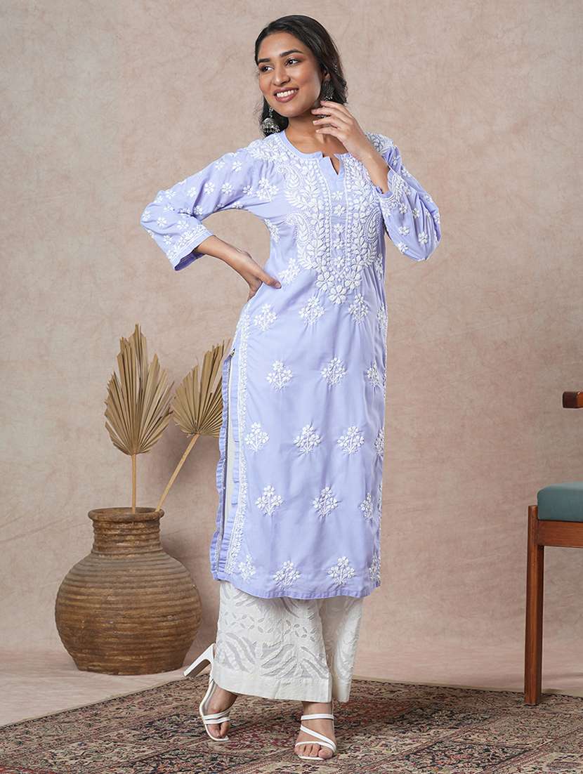 women long sleeve straight chikankari kurta - 21645843 -  Standard Image - 3