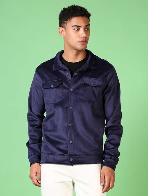 men blue solid long sleeve shacket - 21646041 -  Standard Image - 0